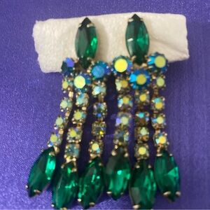 Vintage clip on Elegant and Beautiful Green Crystal Drop Earrings